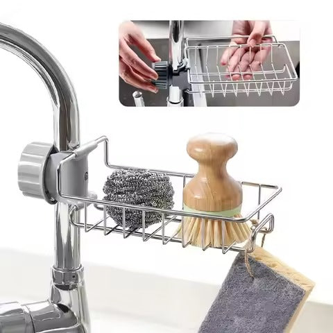 Stainless Steel Adjustable Kitchen Faucet Sponge Holder | Multifunctional Sink Organizer