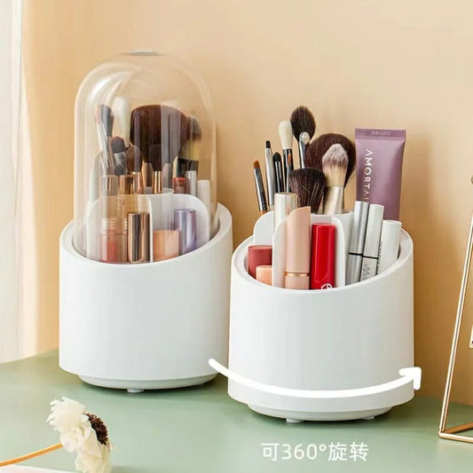 Makeup Brush Holder Organizer with Lid | 360° Rotating Dustproof Storage Box