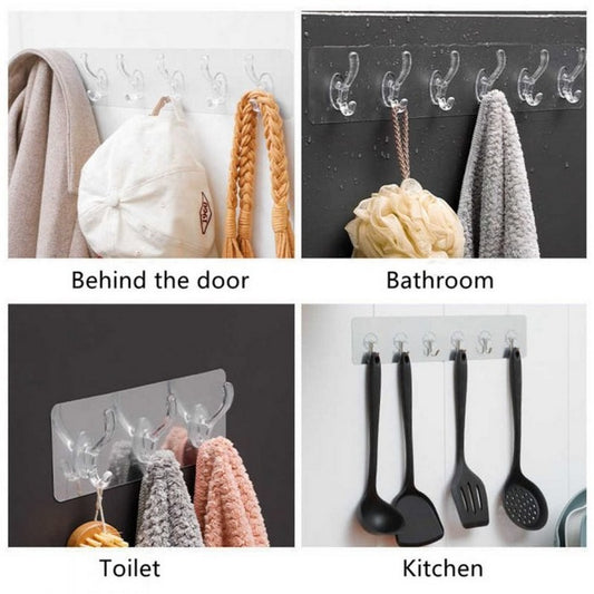 Pack of 3 Transparent 6-Hook Hangers | Self-Adhesive | Waterproof & Reusable Wall Hooks