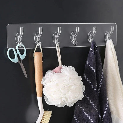 Pack of 3 Transparent 6-Hook Hangers | Self-Adhesive | Waterproof & Reusable Wall Hooks