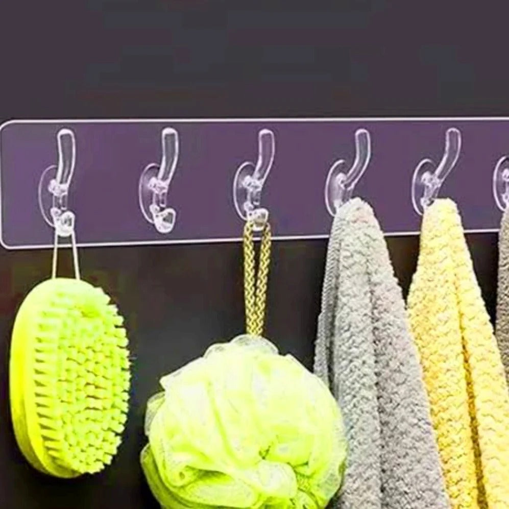 Pack of 3 Transparent 6-Hook Hangers | Self-Adhesive | Waterproof & Reusable Wall Hooks