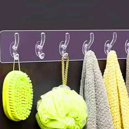 Pack of 3 Transparent 6-Hook Hangers | Self-Adhesive | Waterproof & Reusable Wall Hooks