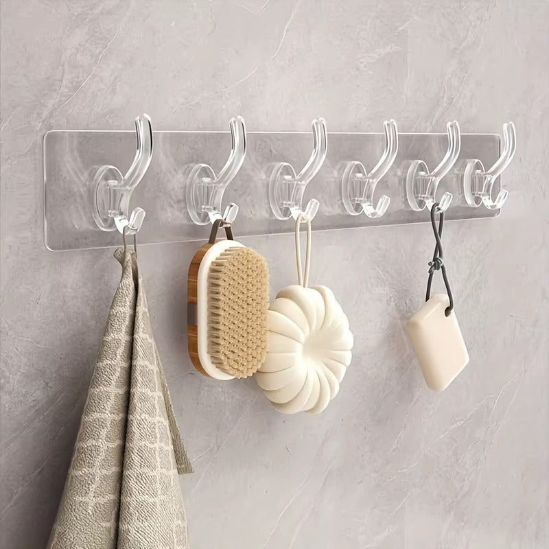 Pack of 3 Transparent 6-Hook Hangers | Self-Adhesive | Waterproof & Reusable Wall Hooks