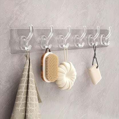 Pack of 3 Transparent 6-Hook Hangers | Self-Adhesive | Waterproof & Reusable Wall Hooks