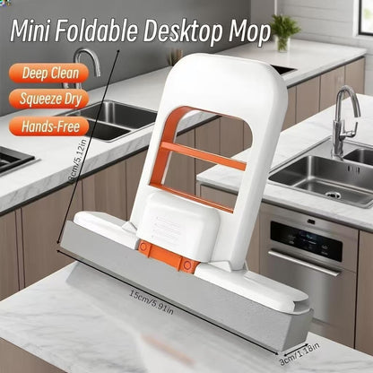 Foldable Desktop Mini Sponge Mop | Portable Wet & Dry Cleaning | Self-Squeezing Mop for Kitchen, Bathroom, Car & Glass