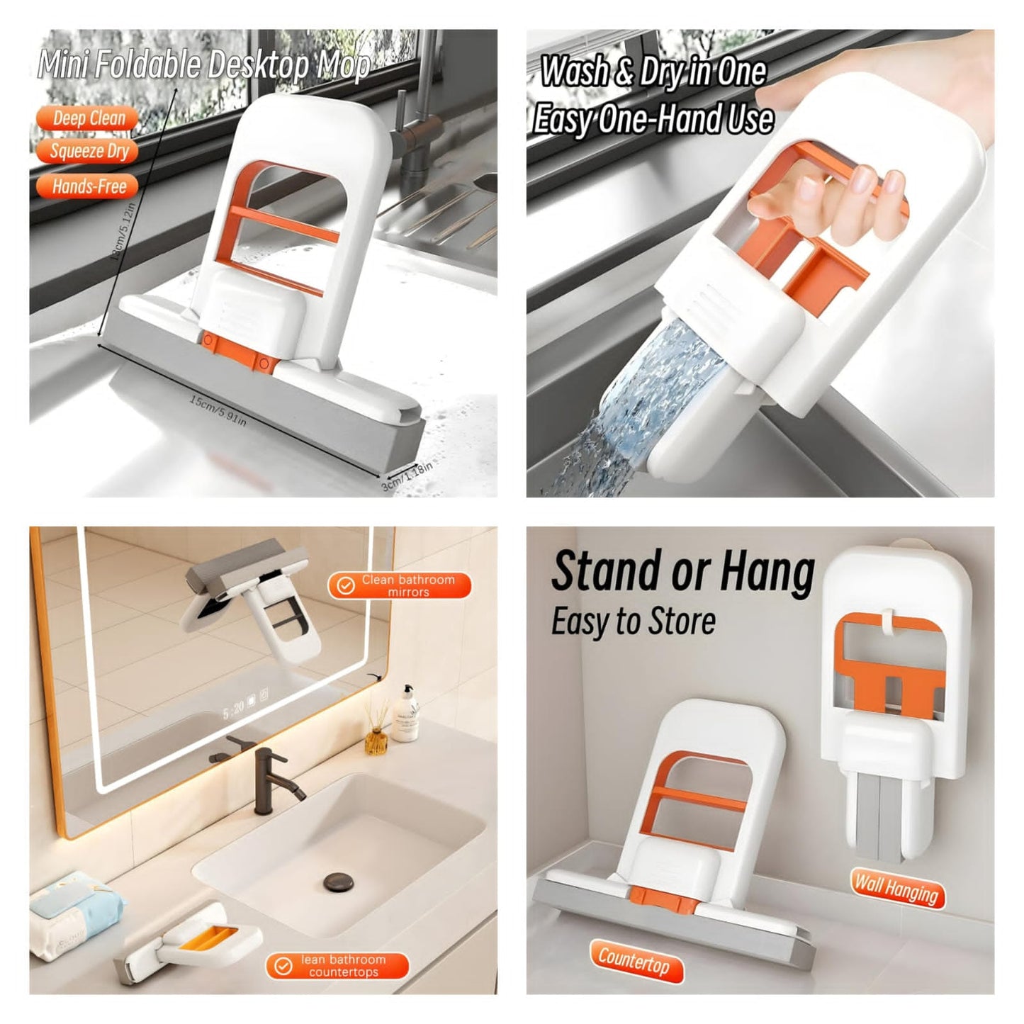 Foldable Desktop Mini Sponge Mop | Portable Wet & Dry Cleaning | Self-Squeezing Mop for Kitchen, Bathroom, Car & Glass
